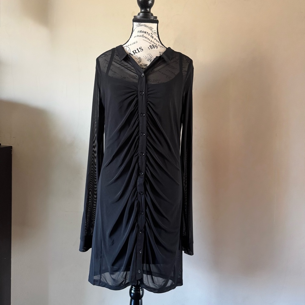 Current Mood Black Ruched Mesh Long Sleeve Dress